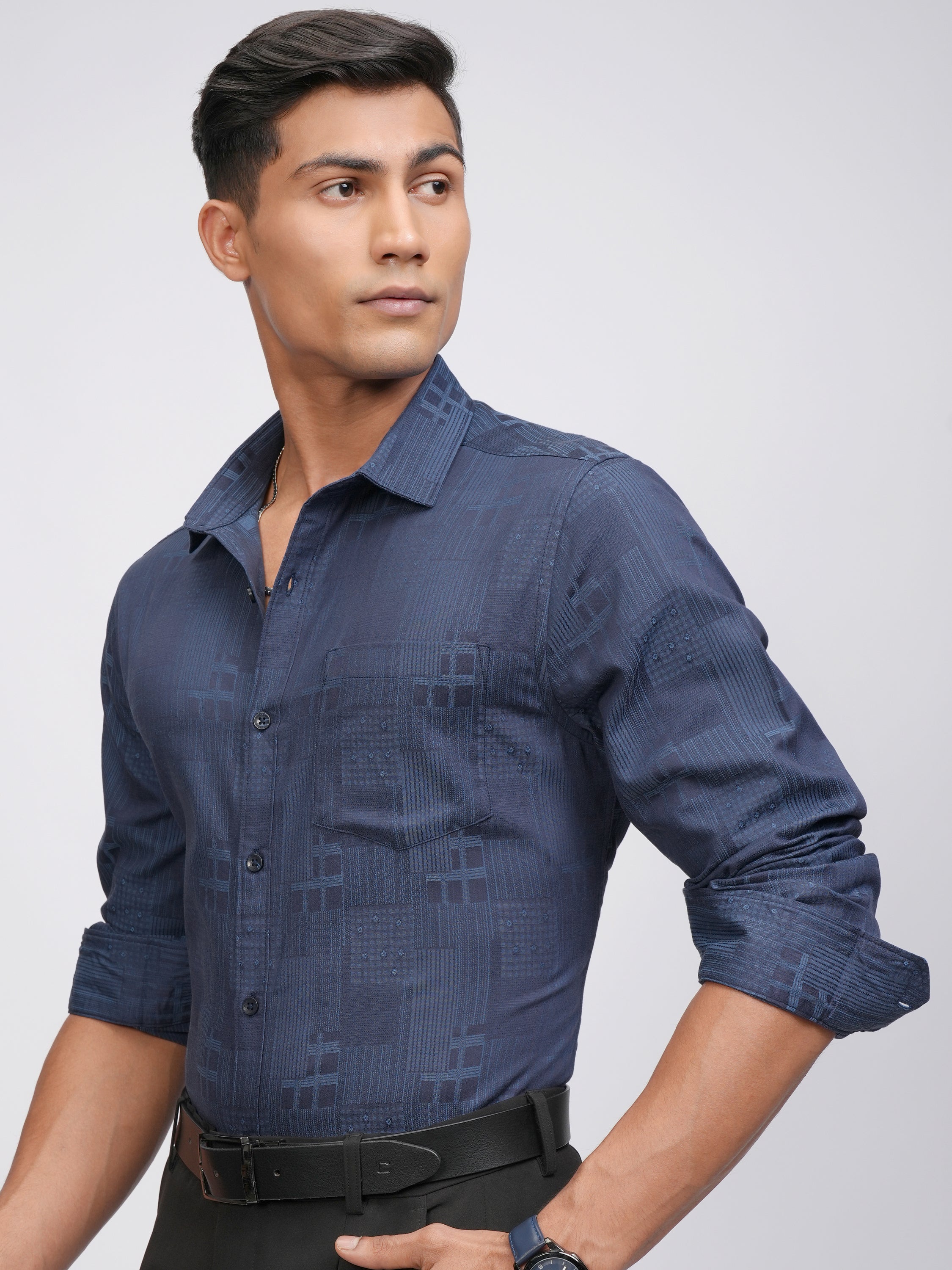 Locomotive Men Blue Self Design Slim Fit Casual Shirt - Blue - Image 4