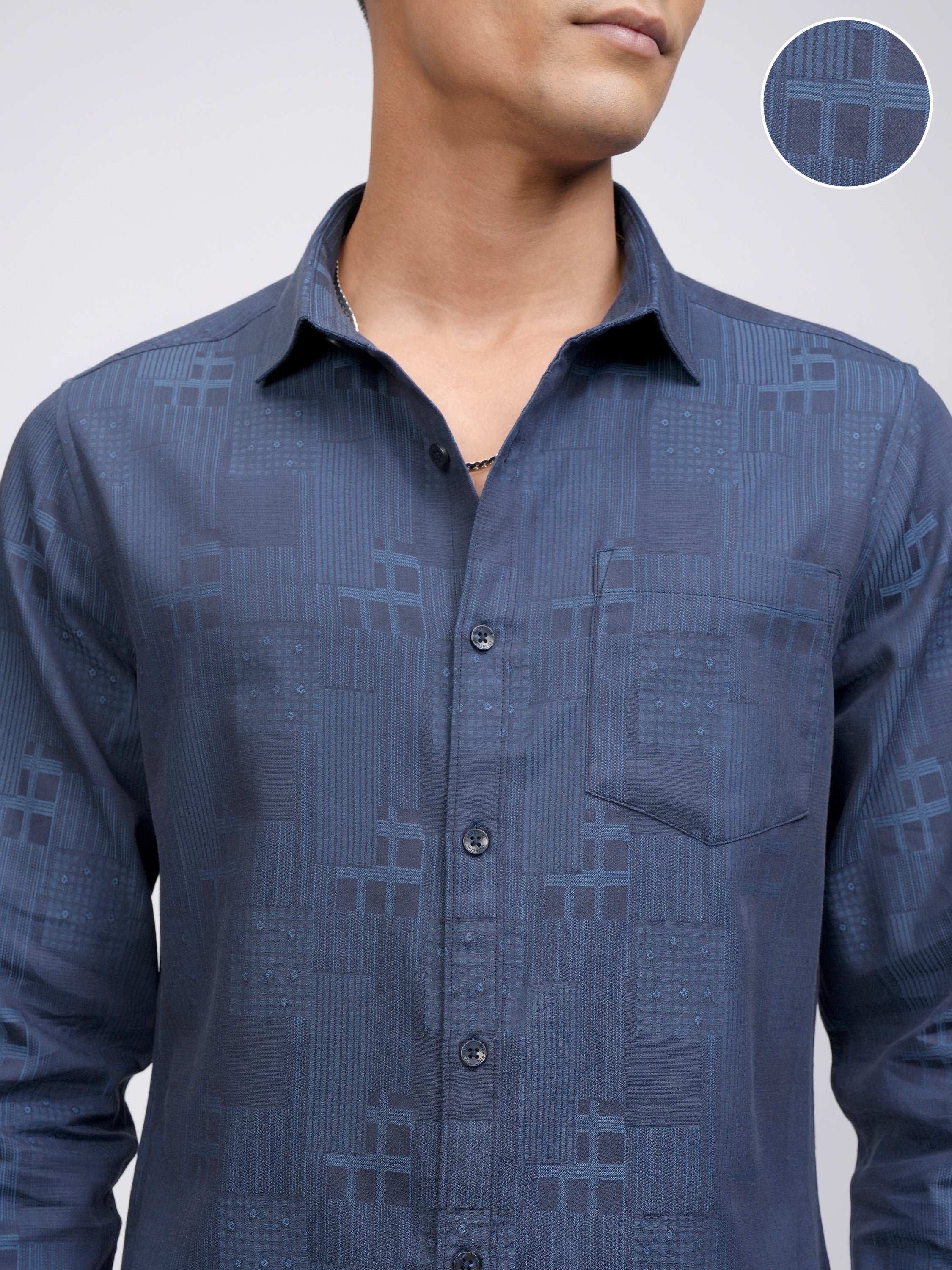 Locomotive Men Blue Self Design Slim Fit Casual Shirt - Blue - Image 5