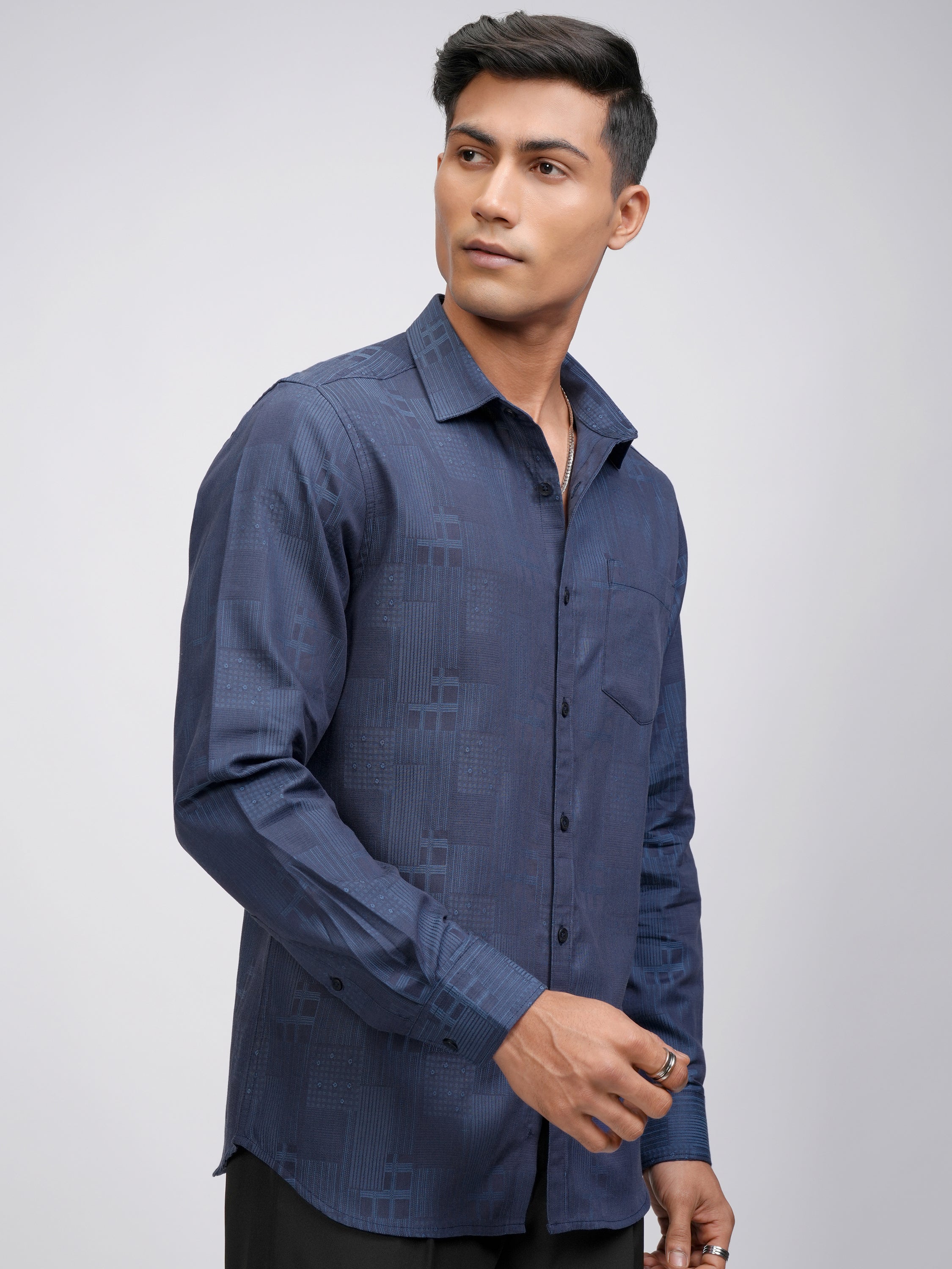 Locomotive Men Blue Self Design Slim Fit Casual Shirt - Blue - Image 6