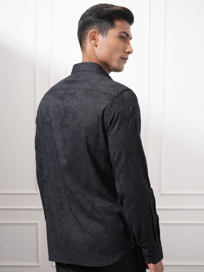 Locomotive Men Black Textured Slim Fit Casual Shirt - Black - Image 3