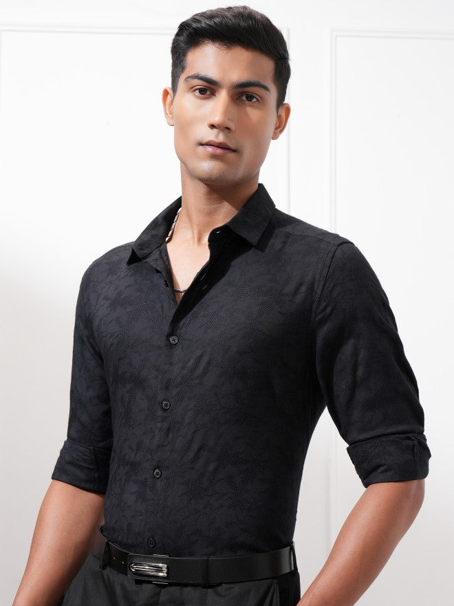 Locomotive Men Black Textured Slim Fit Casual Shirt - Black - Image 4