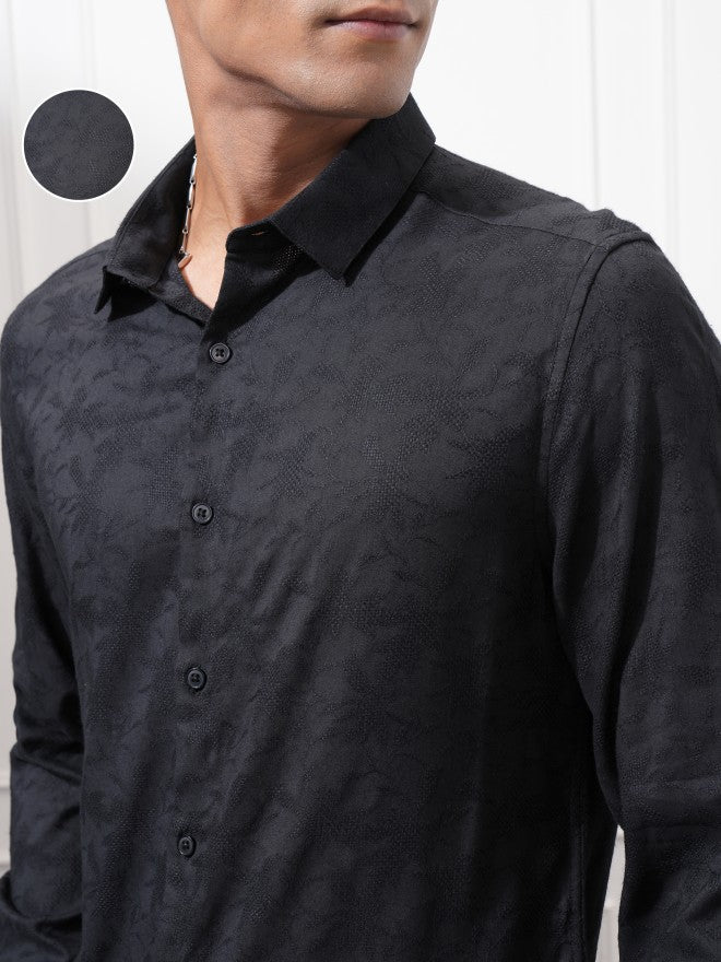 Locomotive Men Black Textured Slim Fit Casual Shirt - Black - Image 5
