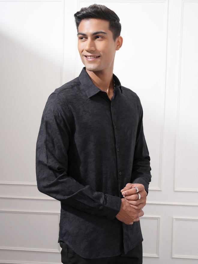Locomotive Men Black Textured Slim Fit Casual Shirt - Black - Image 6