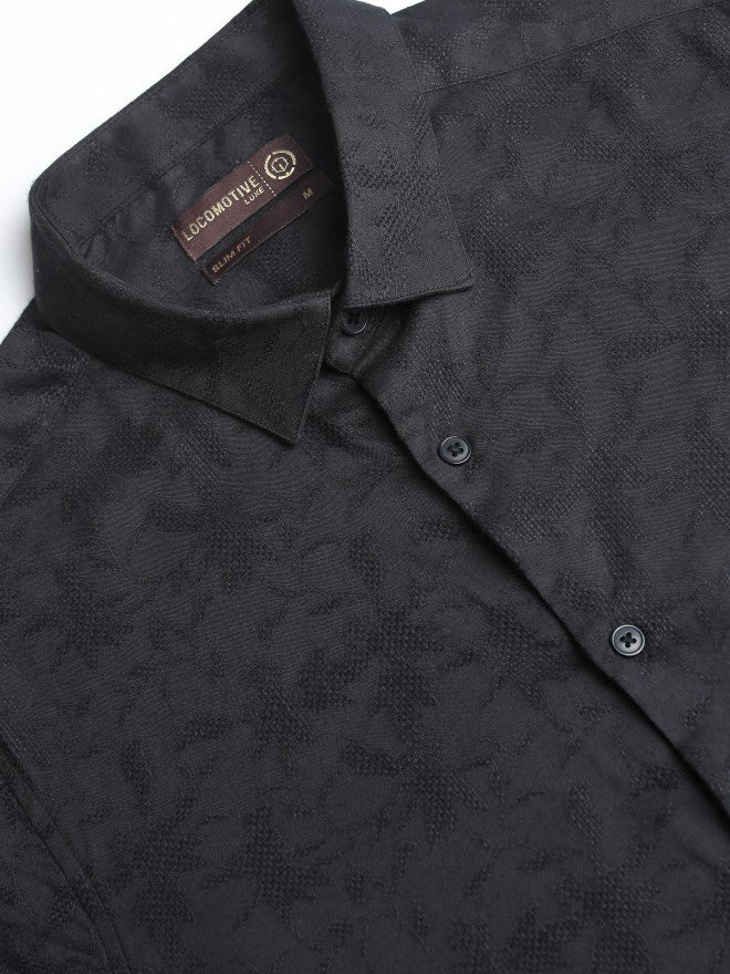 Locomotive Men Black Textured Slim Fit Casual Shirt - Black - Image 7
