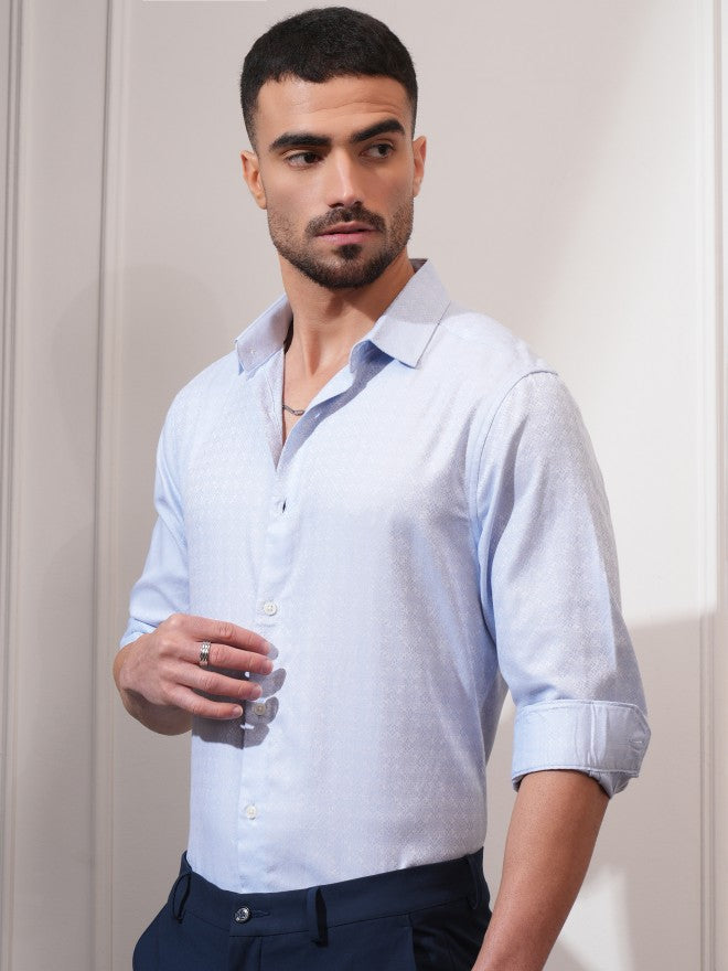 Locomotive Men Blue Self Design Slim Fit Casual Shirt - Blue - Image 7