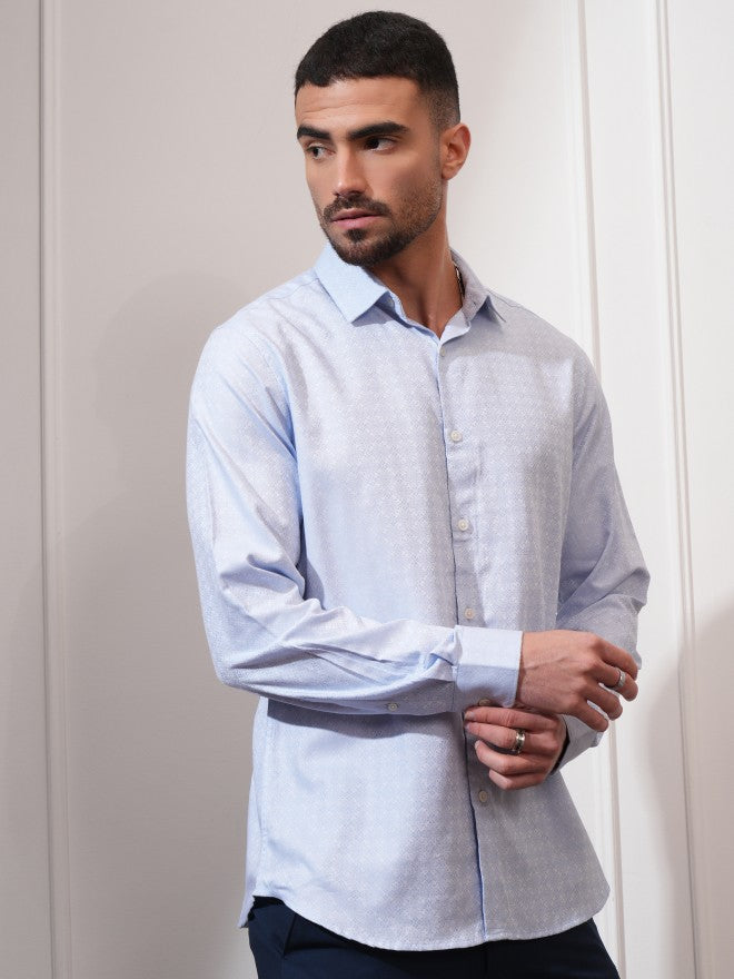 Locomotive Men Blue Self Design Slim Fit Casual Shirt - Blue - Image 12