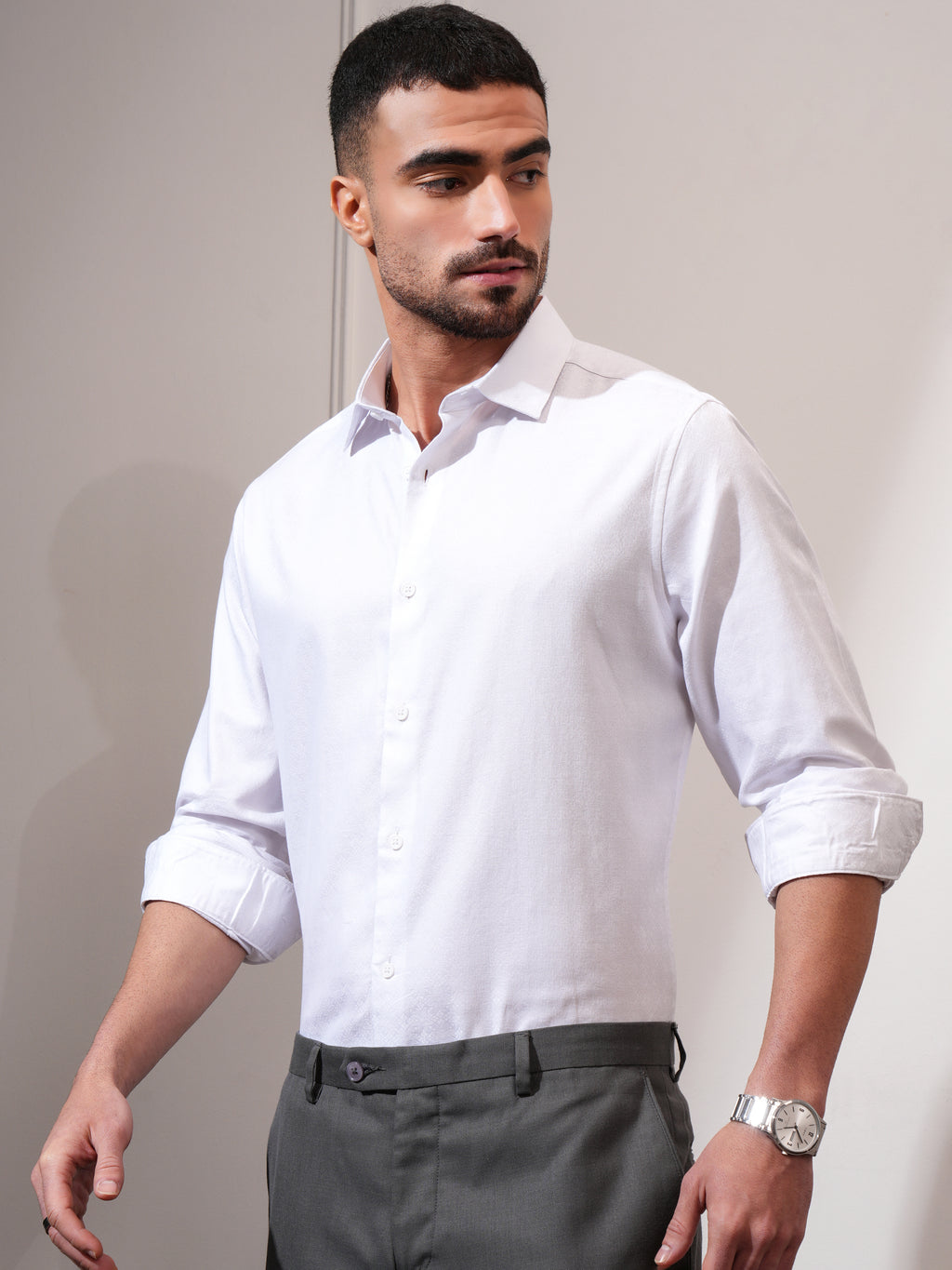 Locomotive Men White Textured Slim Fit Casual Shirt - White - Image 4
