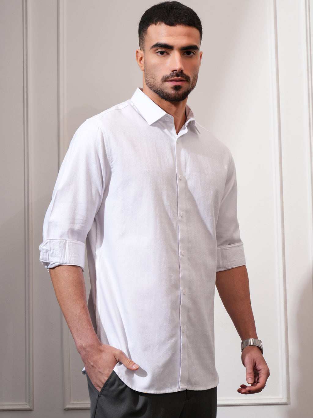 Locomotive Men White Textured Slim Fit Casual Shirt - White - Image 6