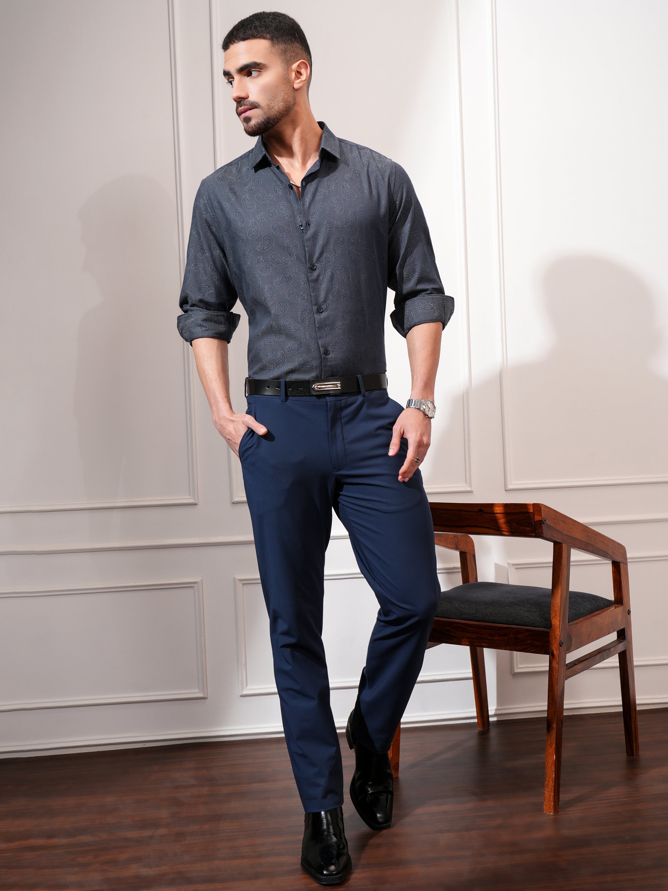 Locomotive Men Grey Checked Slim Fit Casual Shirt - Grey - Image 2