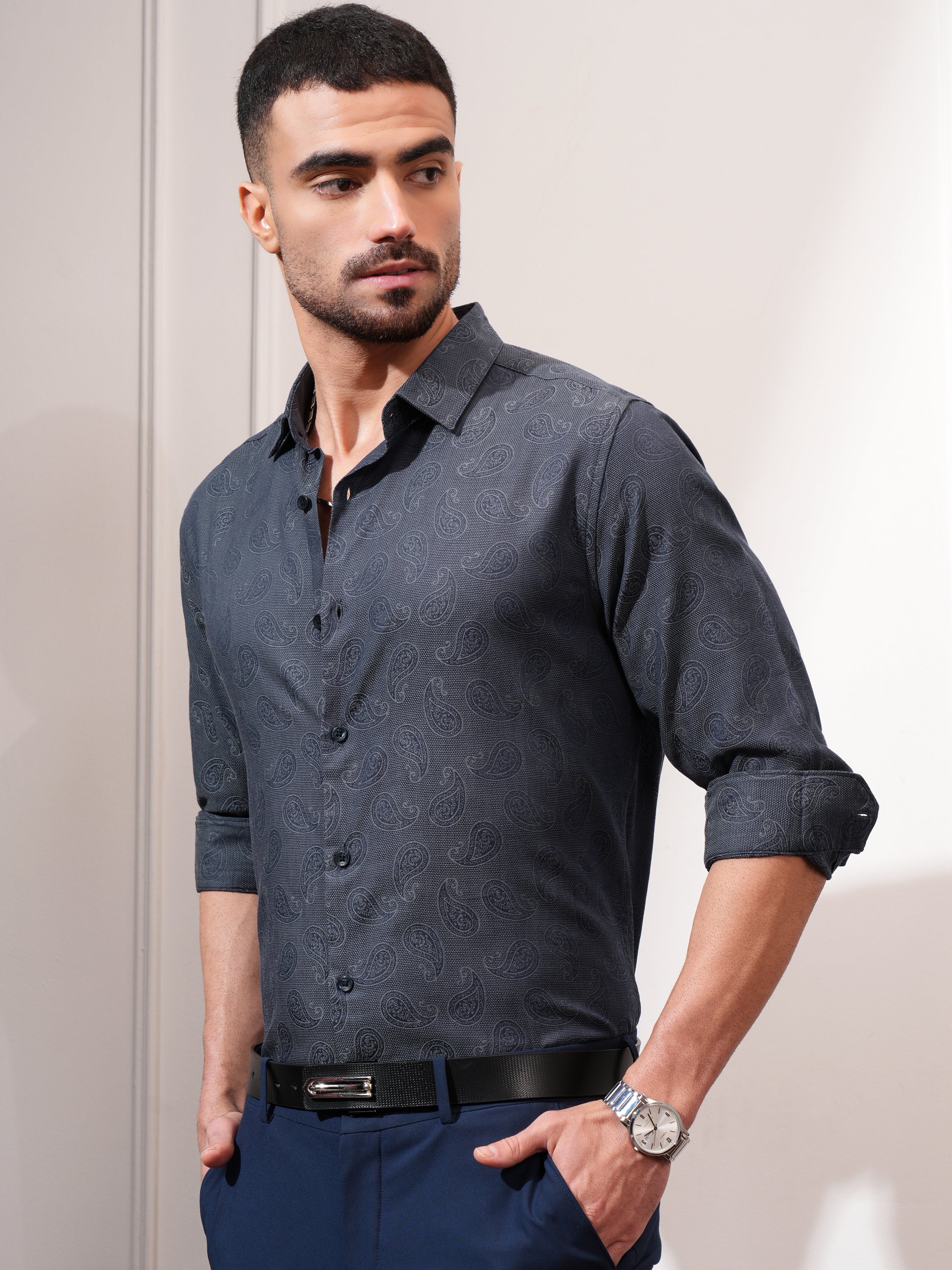 Locomotive Men Grey Checked Slim Fit Casual Shirt - Grey - Image 4