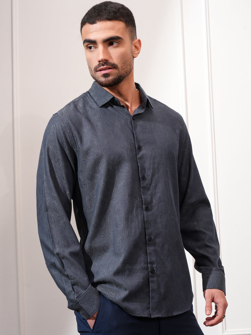Locomotive Men Grey Checked Slim Fit Casual Shirt - Grey - Image 6