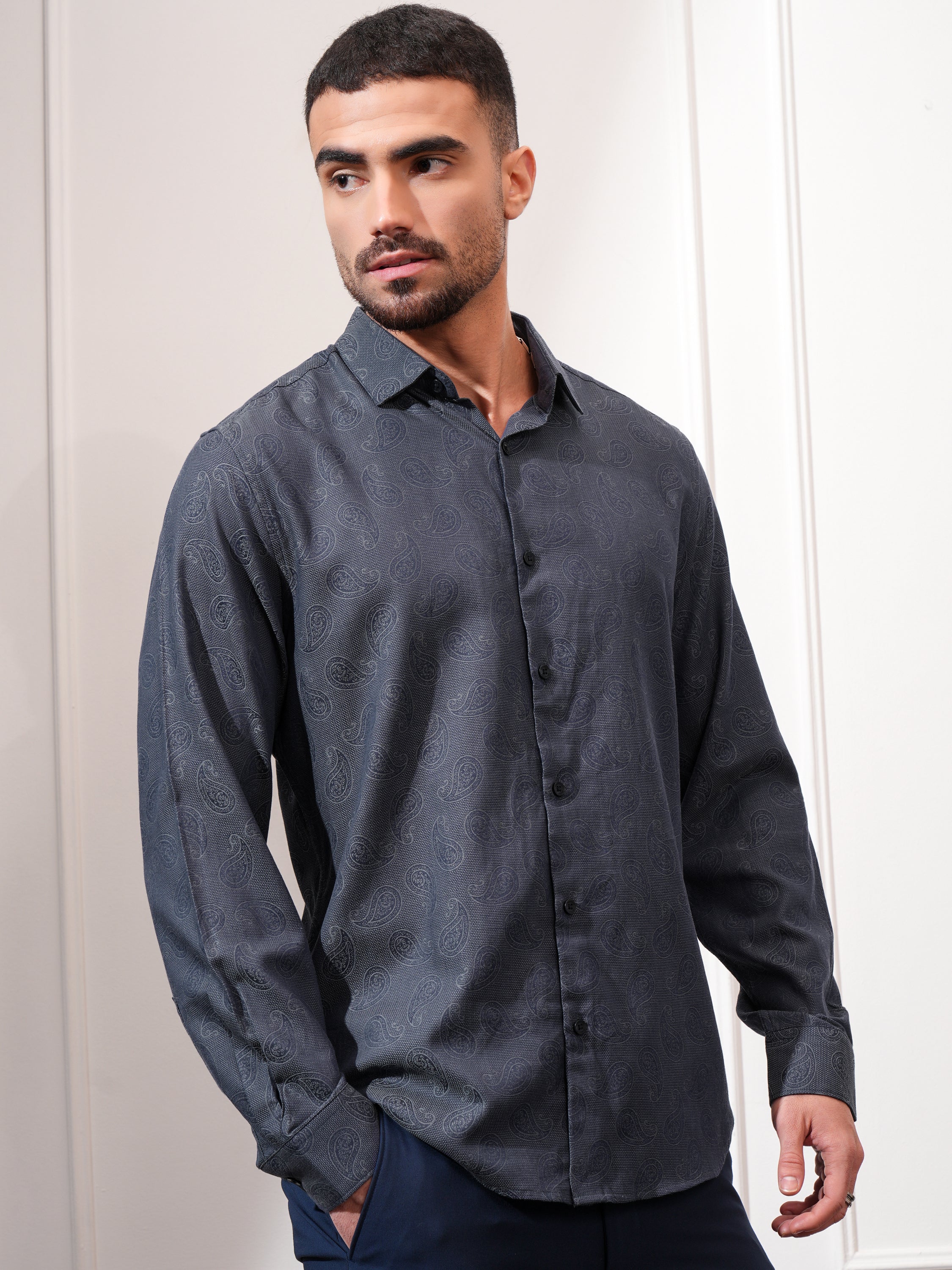 Locomotive Men Grey Checked Slim Fit Casual Shirt - Grey - Image 6