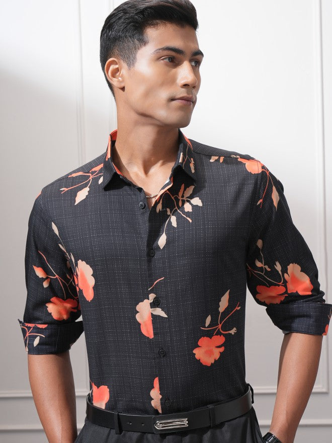 Locomotive Men Black Printed Slim Fit Casual Shirt - Black - Image 1