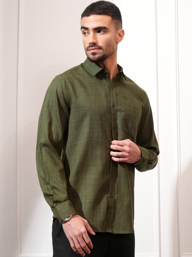 Locomotive Men Olive Solid Slim Fit Casual Shirt - Olive - Image 6