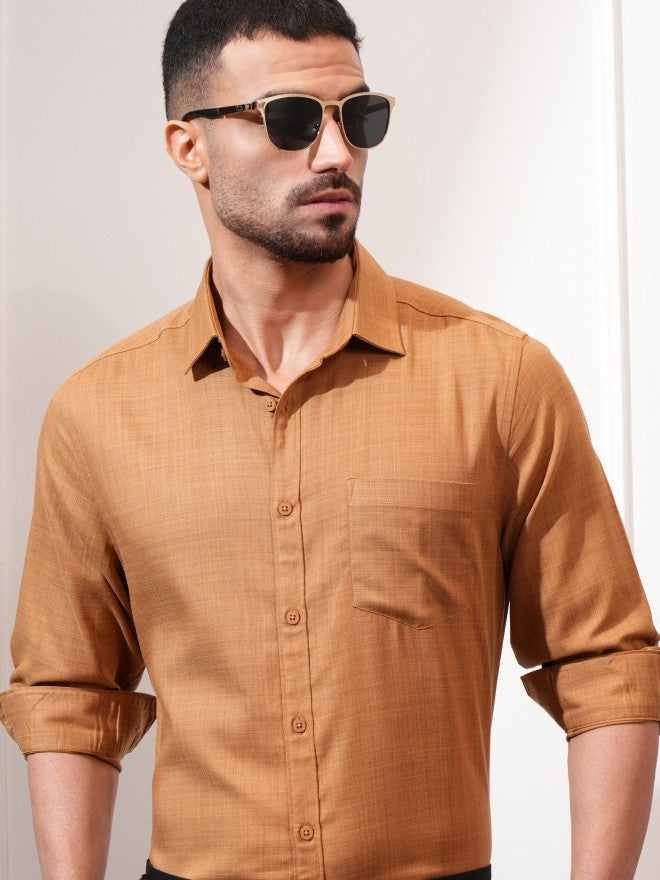 Locomotive Men Orange Solid Slim Fit Casual Shirt - Orange - Image 1