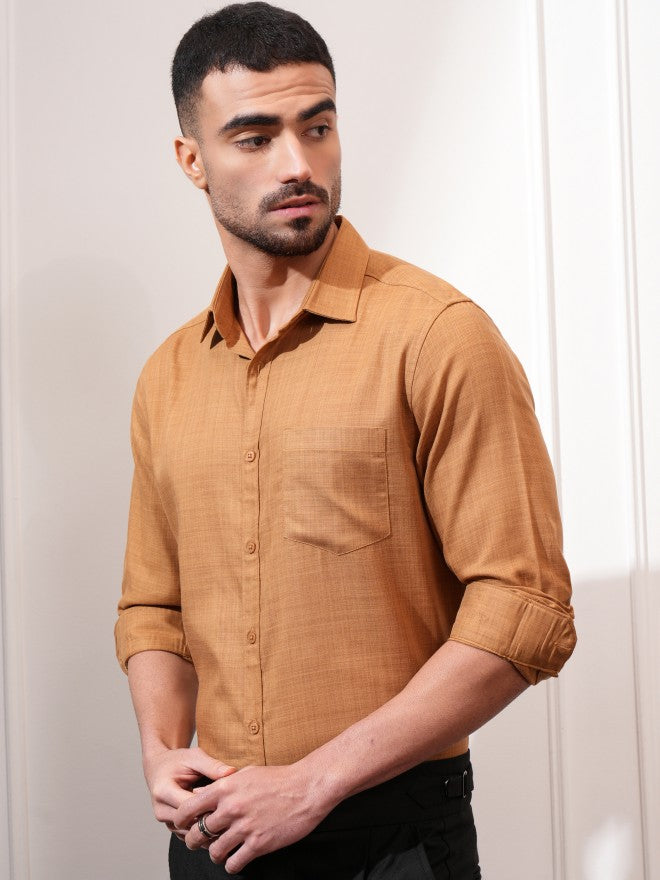 Locomotive Men Orange Solid Slim Fit Casual Shirt - Orange - Image 4