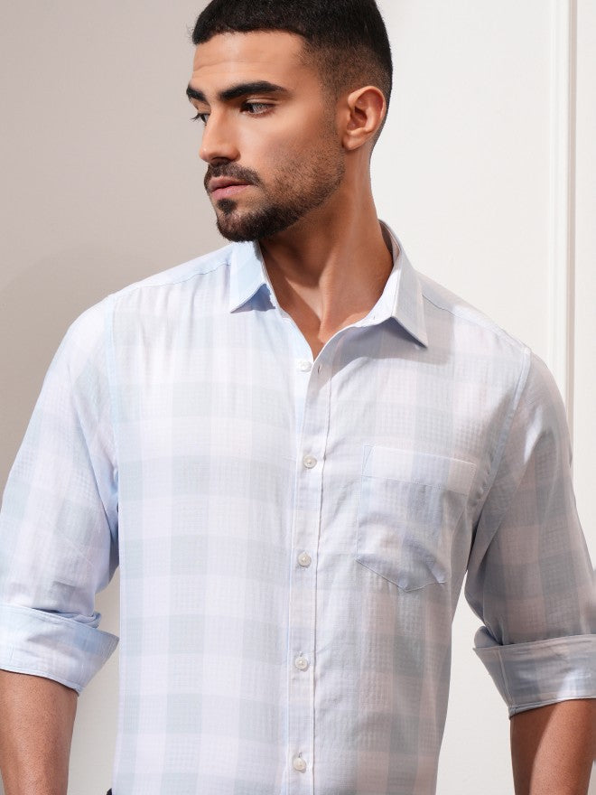 Locomotive Men Blue Checked Slim Fit Casual Shirt - Blue - Image 1