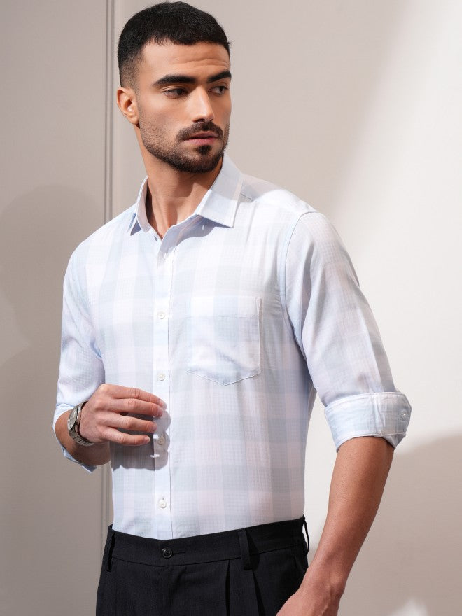 Locomotive Men Blue Checked Slim Fit Casual Shirt - Blue - Image 4