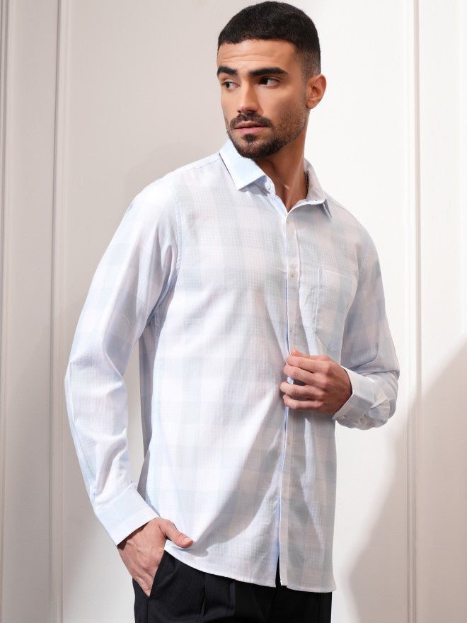 Locomotive Men Blue Checked Slim Fit Casual Shirt - Blue - Image 6