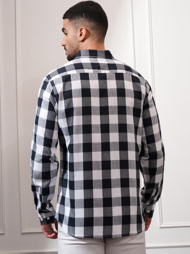 Locomotive Men Navy Blue Checked Slim Fit Casual Shirt - Navy Blue - Image 6