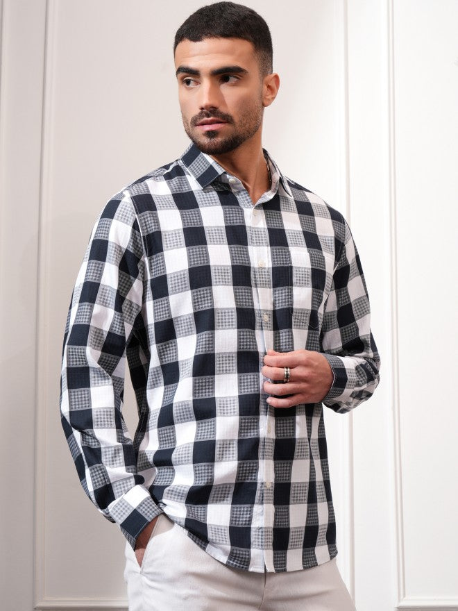 Locomotive Men Navy Blue Checked Slim Fit Casual Shirt - Navy Blue - Image 11