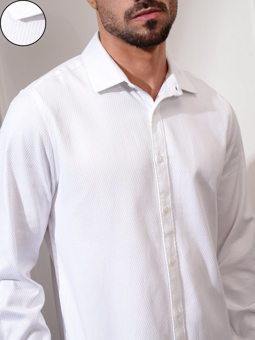 Locomotive Men White Textured Slim Fit Casual Shirt - White - Image 5