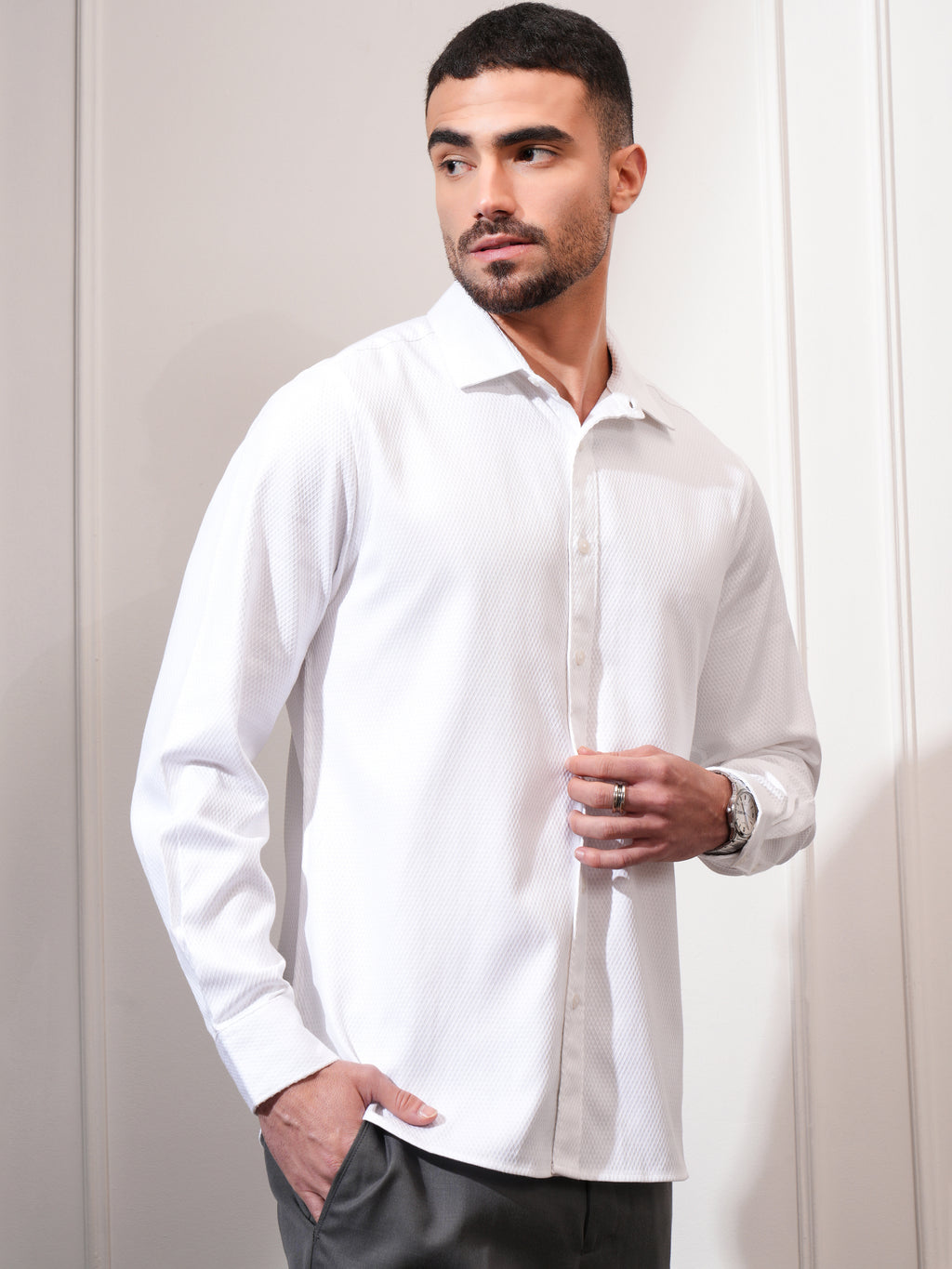 Locomotive Men White Textured Slim Fit Casual Shirt - White - Image 6