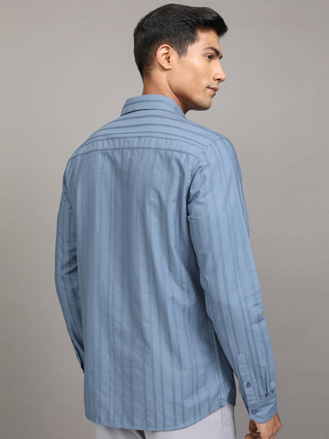 Locomotive Men Blue Striped Regular Fit Casual Shirt - Blue - Image 3