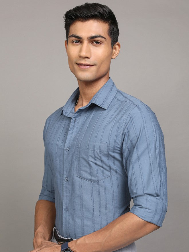 Locomotive Men Blue Striped Regular Fit Casual Shirt - Blue - Image 4