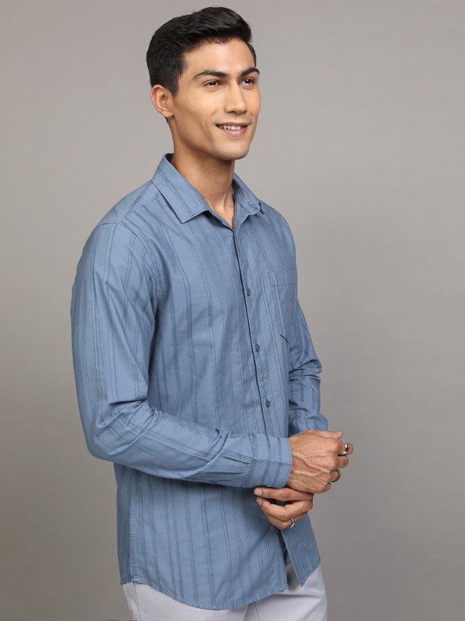 Locomotive Men Blue Striped Regular Fit Casual Shirt - Blue - Image 6