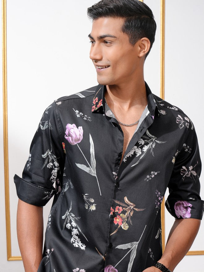 Locomotive Men Black Printed Slim Fit Casual Shirt - Black - Image 1