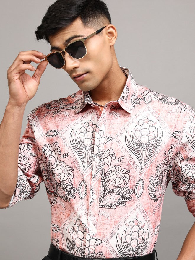Locomotive Men Pink Printed Slim Fit Casual Shirt - Pink - Image 1