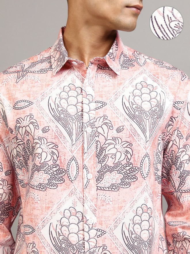 Locomotive Men Pink Printed Slim Fit Casual Shirt - Pink - Image 5