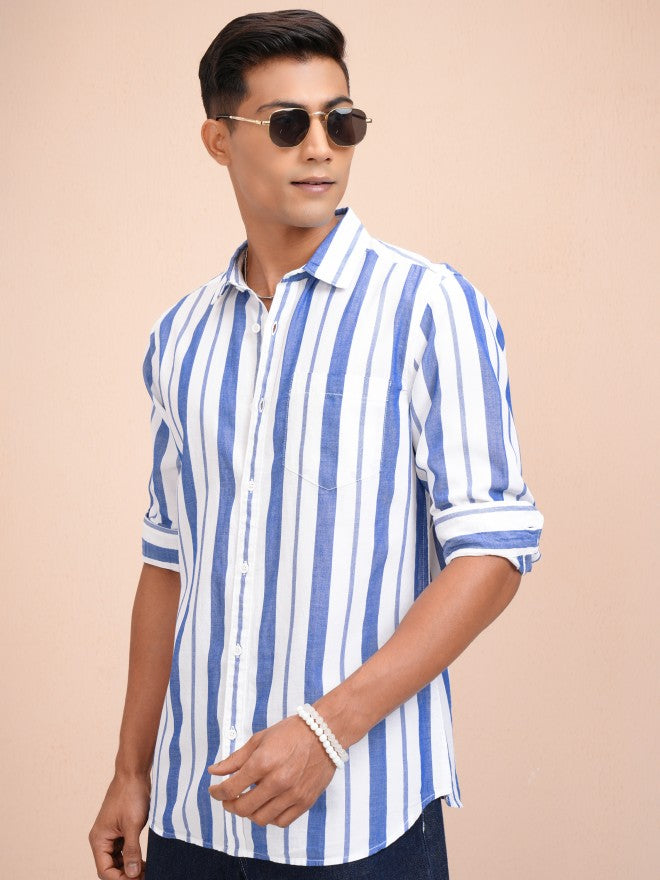 Locomotive Men White Striped Regular Fit Casual Shirt - White - Image 4