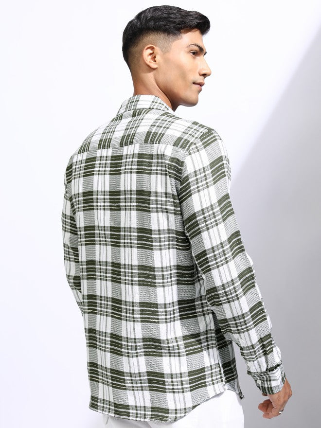 Locomotive Men Olive Checked Regular Fit Casual Shirt - Olive - Image 3