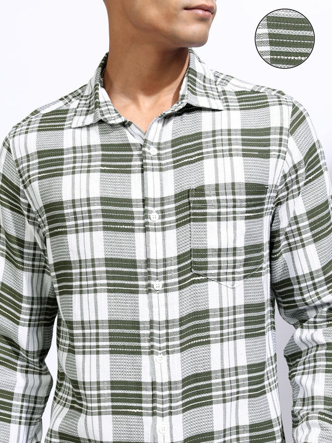 Locomotive Men Olive Checked Regular Fit Casual Shirt - Olive - Image 5