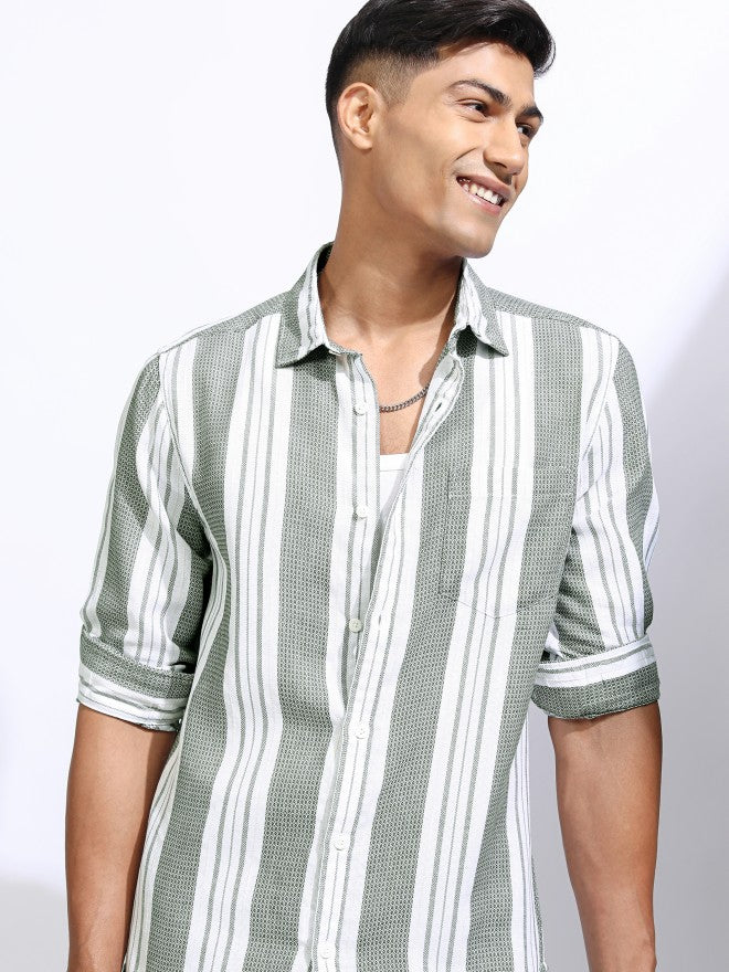 Locomotive Men White Striped Regular Fit Casual Shirt - White - Image 1