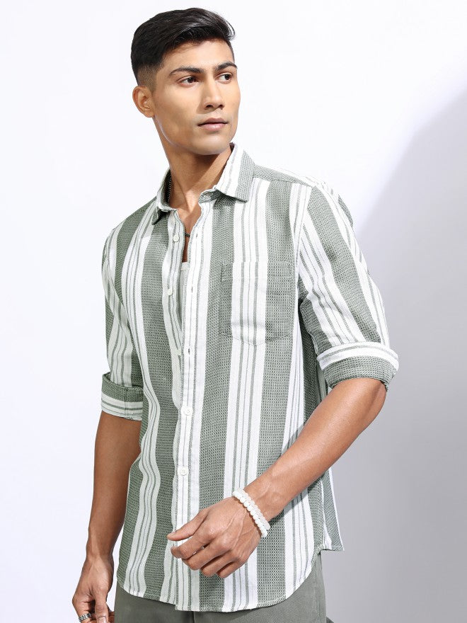 Locomotive Men White Striped Regular Fit Casual Shirt - White - Image 4