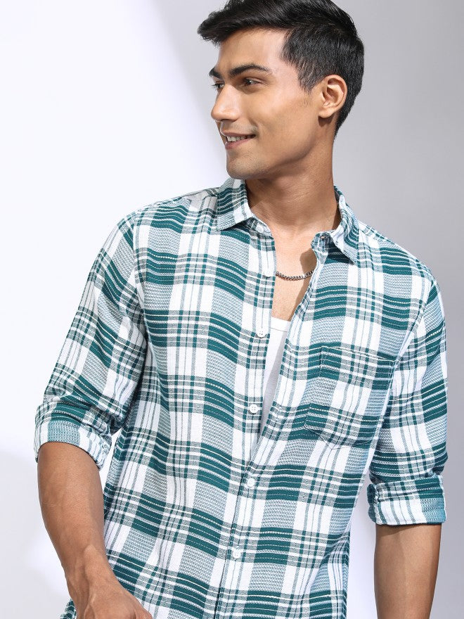 Locomotive Men Teal Checked Relaxed Fit Casual Shirt - Teal - Image 1