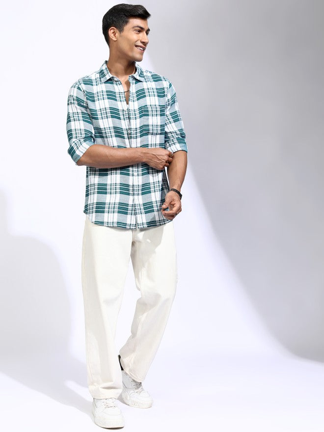 Locomotive Men Teal Checked Relaxed Fit Casual Shirt - Teal - Image 2