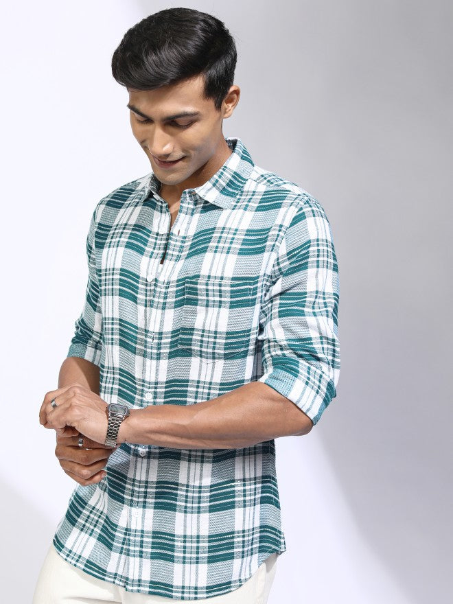 Locomotive Men Teal Checked Relaxed Fit Casual Shirt - Teal - Image 4