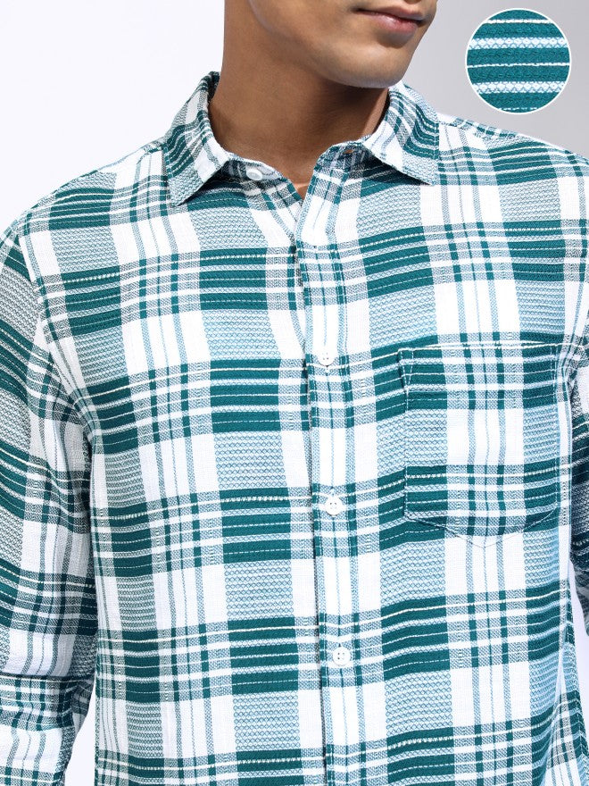 Locomotive Men Teal Checked Relaxed Fit Casual Shirt - Teal - Image 5