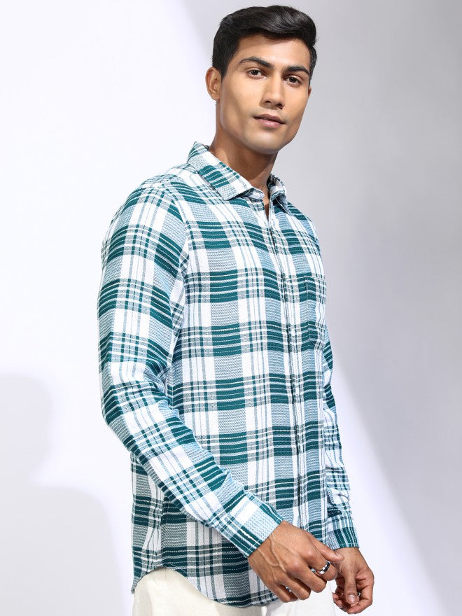 Locomotive Men Teal Checked Relaxed Fit Casual Shirt - Teal - Image 6