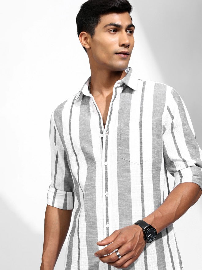Locomotive Men White Striped Regular Fit Casual Shirt - White - Image 1