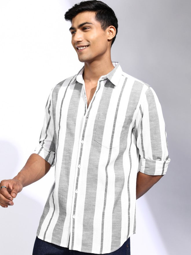 Locomotive Men White Striped Regular Fit Casual Shirt - White - Image 4