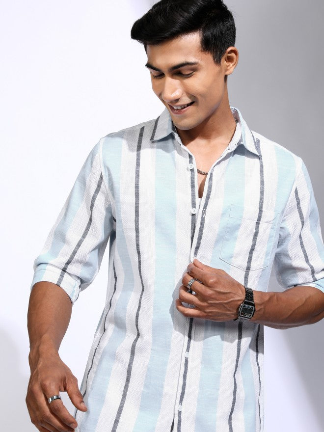 Locomotive Men White Striped Regular Fit Casual Shirt - White - Image 1