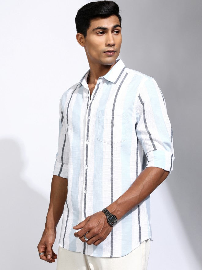 Locomotive Men White Striped Regular Fit Casual Shirt - White - Image 4