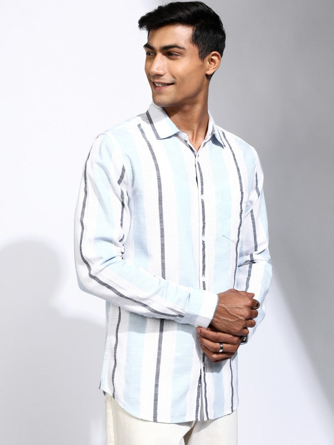 Locomotive Men White Striped Regular Fit Casual Shirt - White - Image 6