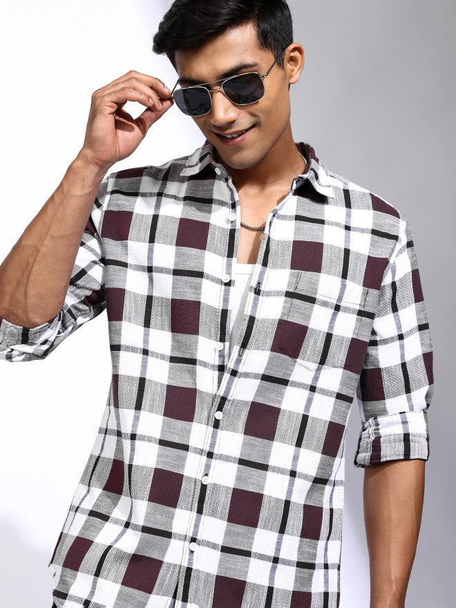 Locomotive Men Maroon Checked Regular Fit Casual Shirt - Maroon - Image 1