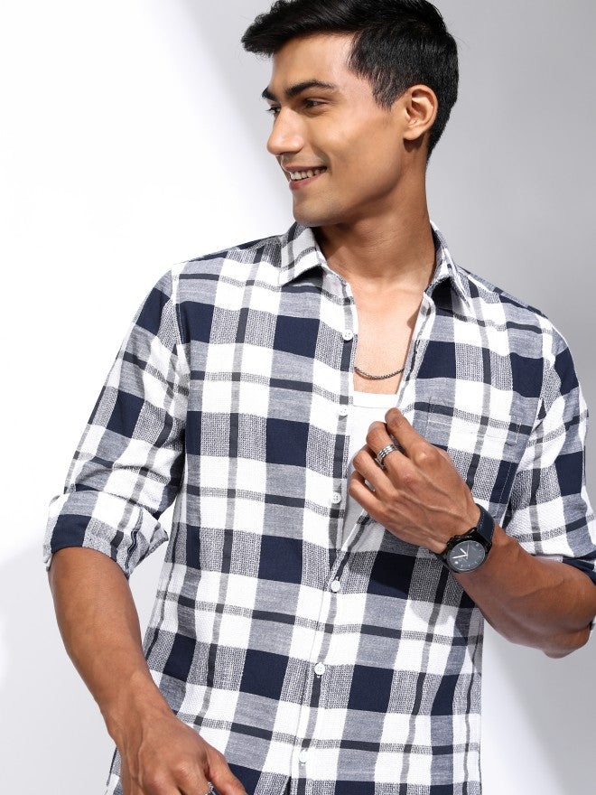 Locomotive Men Blue Checked Regular Fit Casual Shirt - Blue - Image 1